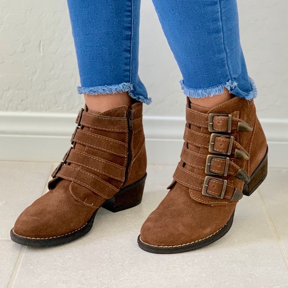 Cognac Genuine Suede Bootie With Buckle Details - Picture 2 of 8